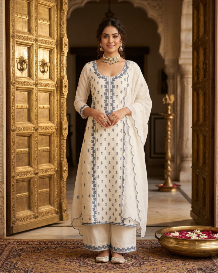 Ivory & Slate Blue Scalloped Kurta Set