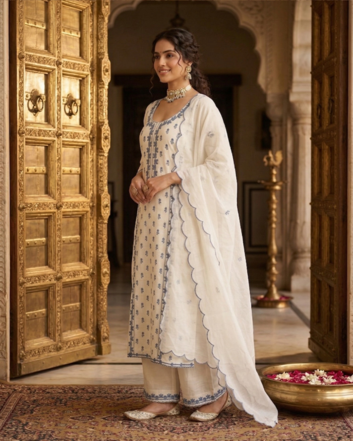 Ivory & Slate Blue Scalloped Kurta Set