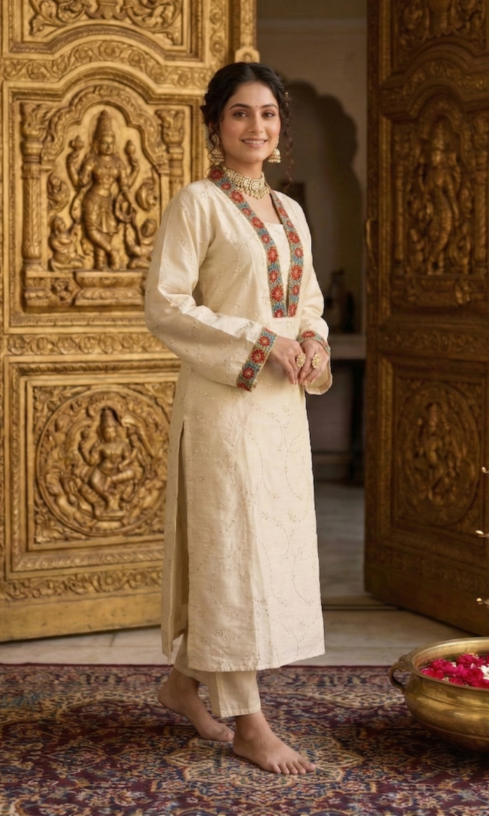 Ivory Kurta with Jeweled Floral Borders