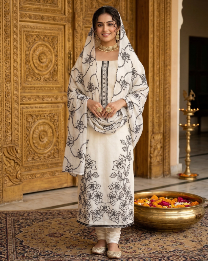 Ivory & Black Floral Embroidered Salwar Set