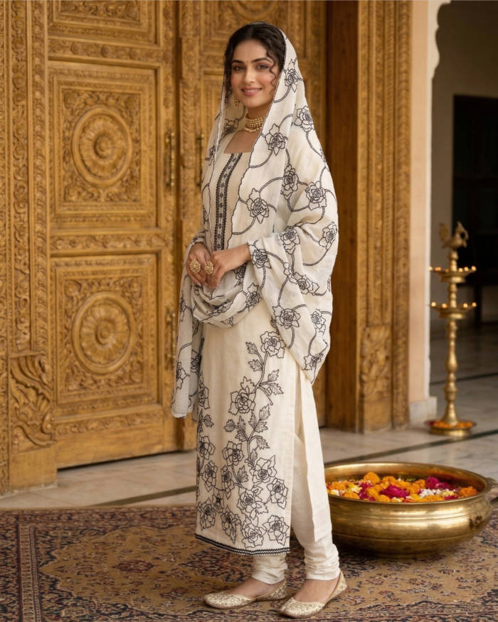 Ivory & Black Floral Embroidered Salwar Set