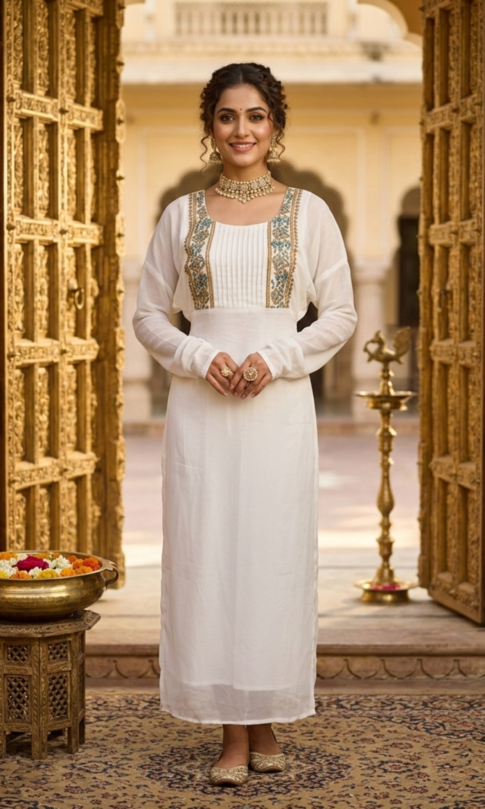 2 (13) Ivory Pleated Kurta with Teal Embroidery