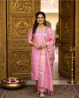 Rose Pink & Gold Zari Woven Suit Set