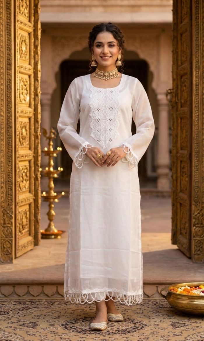 3 (11) Pristine White Pearl-Lace Kurta Set
