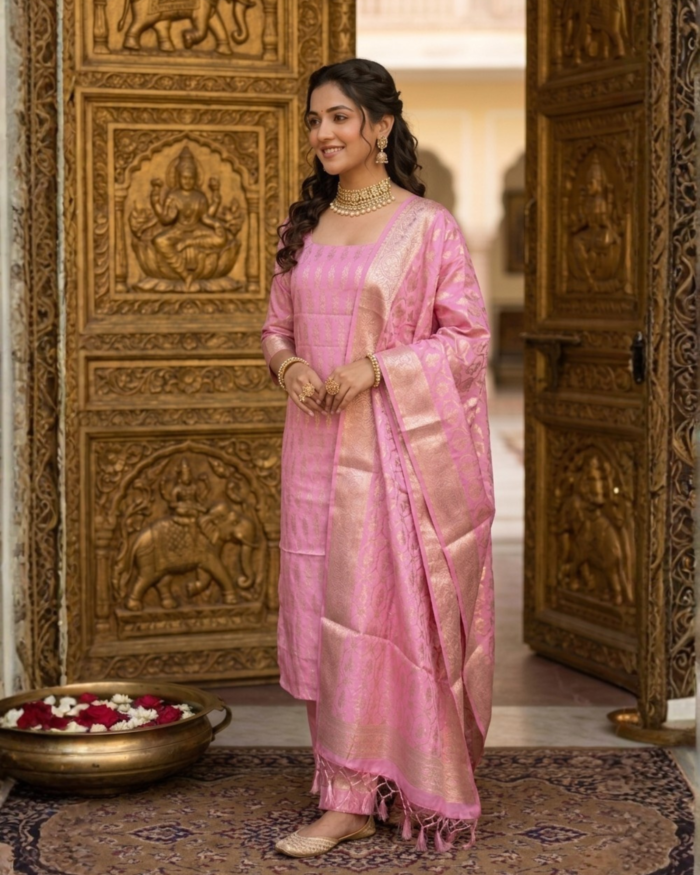 30 Rose Pink & Gold Zari Woven Suit Set