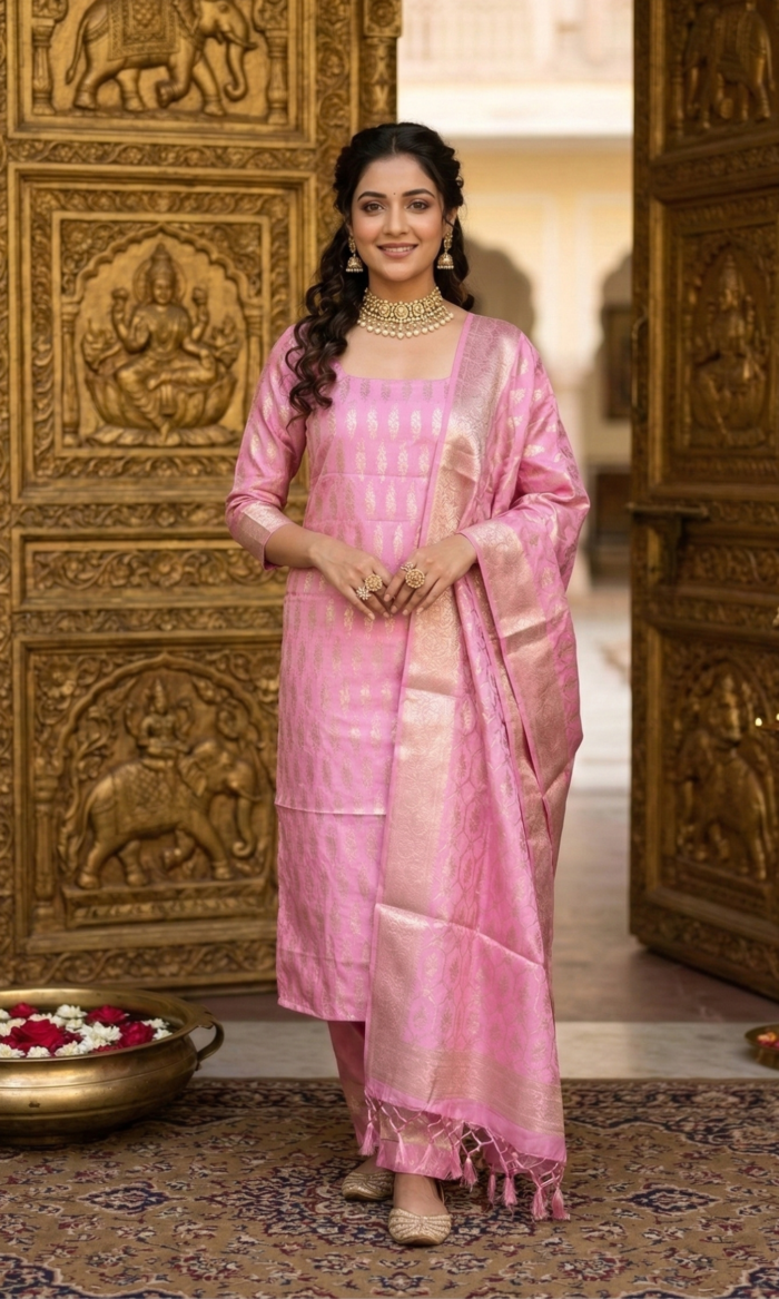Rose Pink & Gold Zari Woven Suit Set