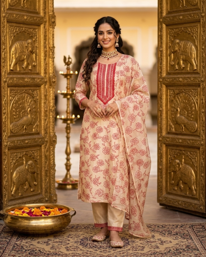 Beige & Crimson Rose Embroidered Kurta Set