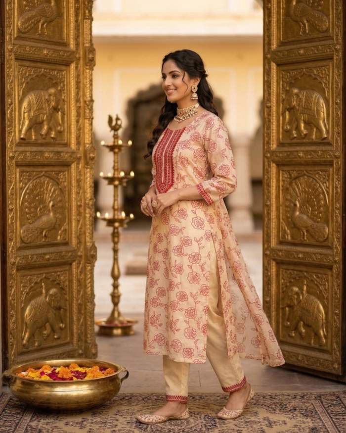 Beige & Crimson Rose Embroidered Kurta Set
