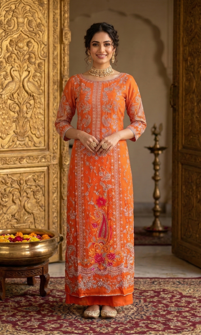 8 Vibrant Tangerine Embroidered Kurta Set