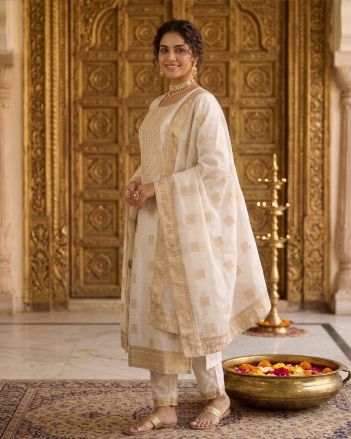 24 Cream & Gold Zari Motif Salwar Set