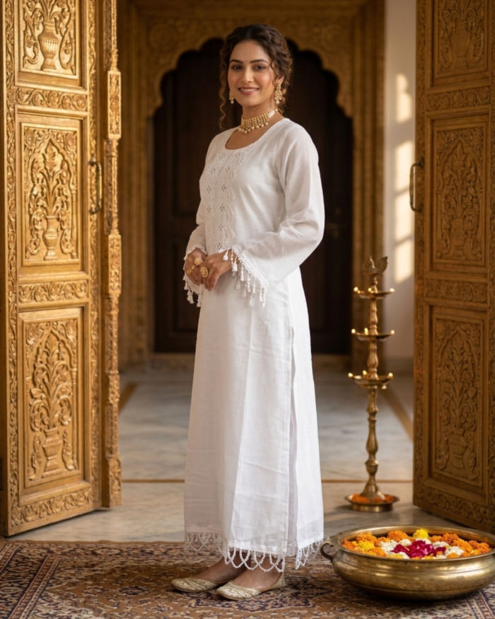 Pristine White Pearl-Lace Kurta Set