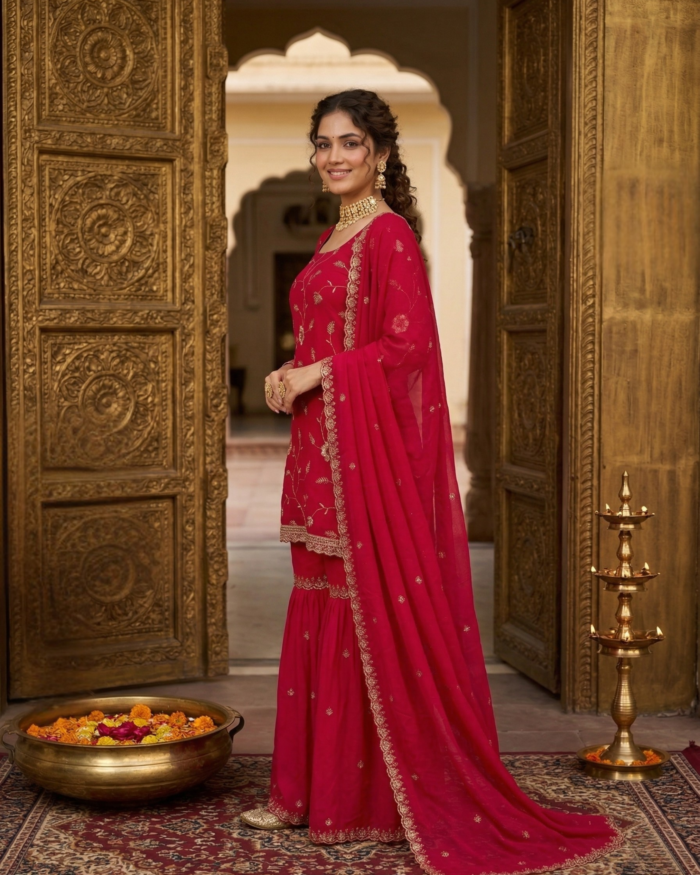 32 Regal Crimson Embroidered Sharara Set
