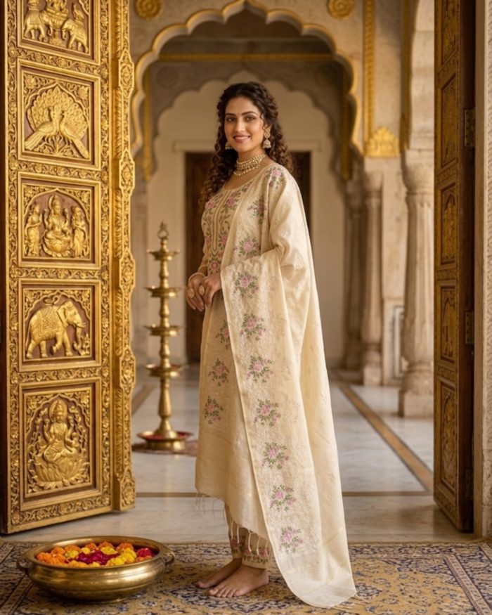 Champagne & Pastel Floral Embroidered Set