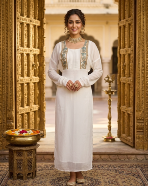 Ivory Pleated Kurta with Teal Embroidery