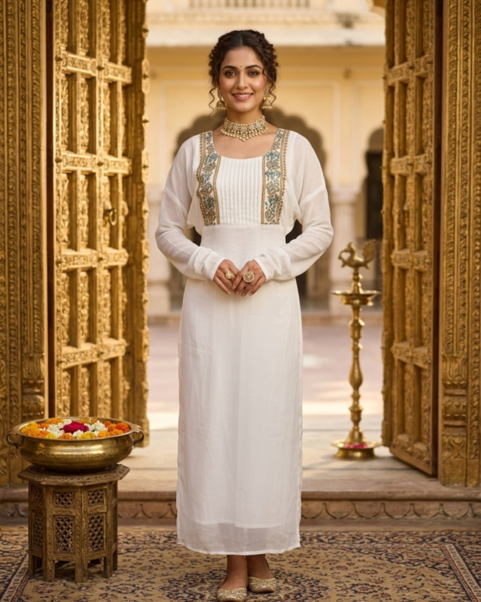 Ivory Pleated Kurta with Teal Embroidery