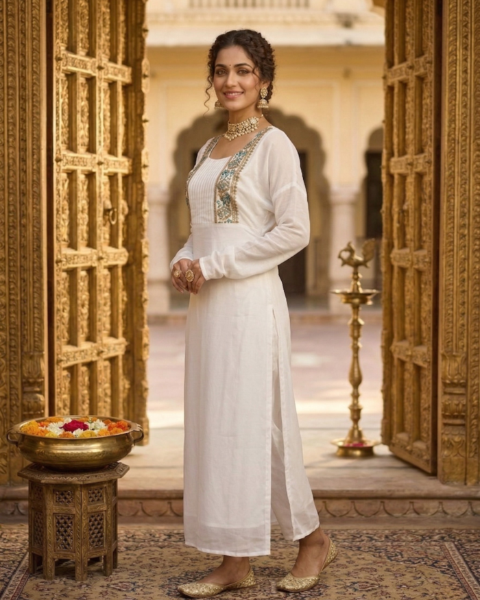 Ivory Pleated Kurta with Teal Embroidery