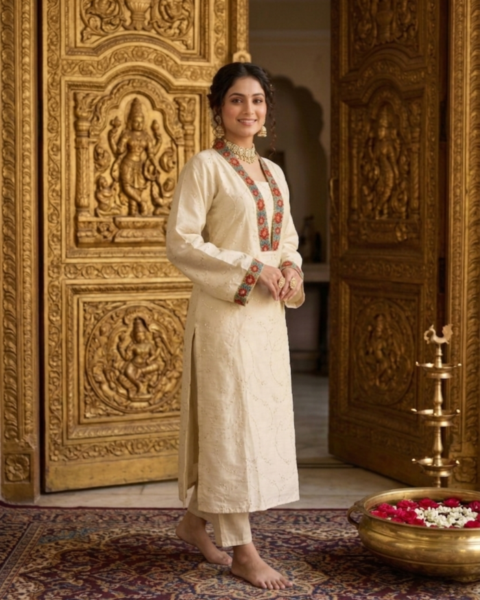 69 Ivory Kurta with Jeweled Floral Borders