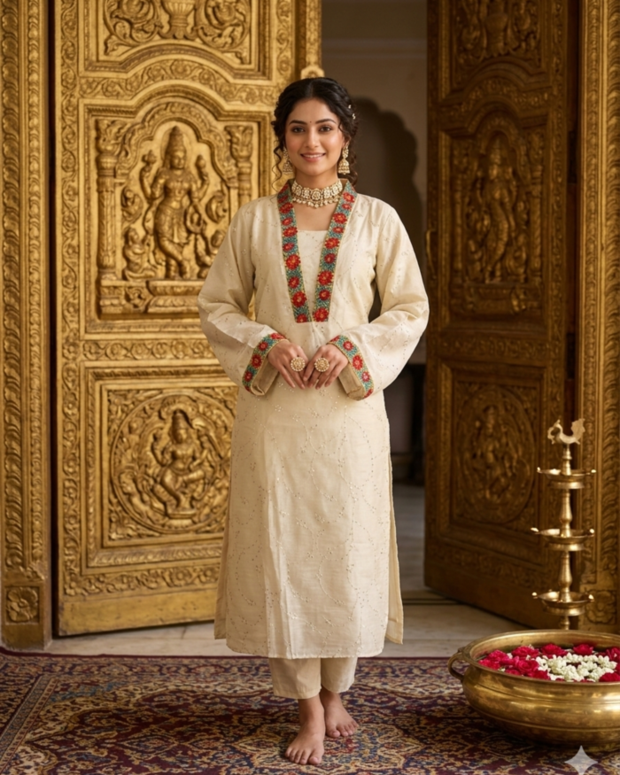 70 Ivory Kurta with Jeweled Floral Borders