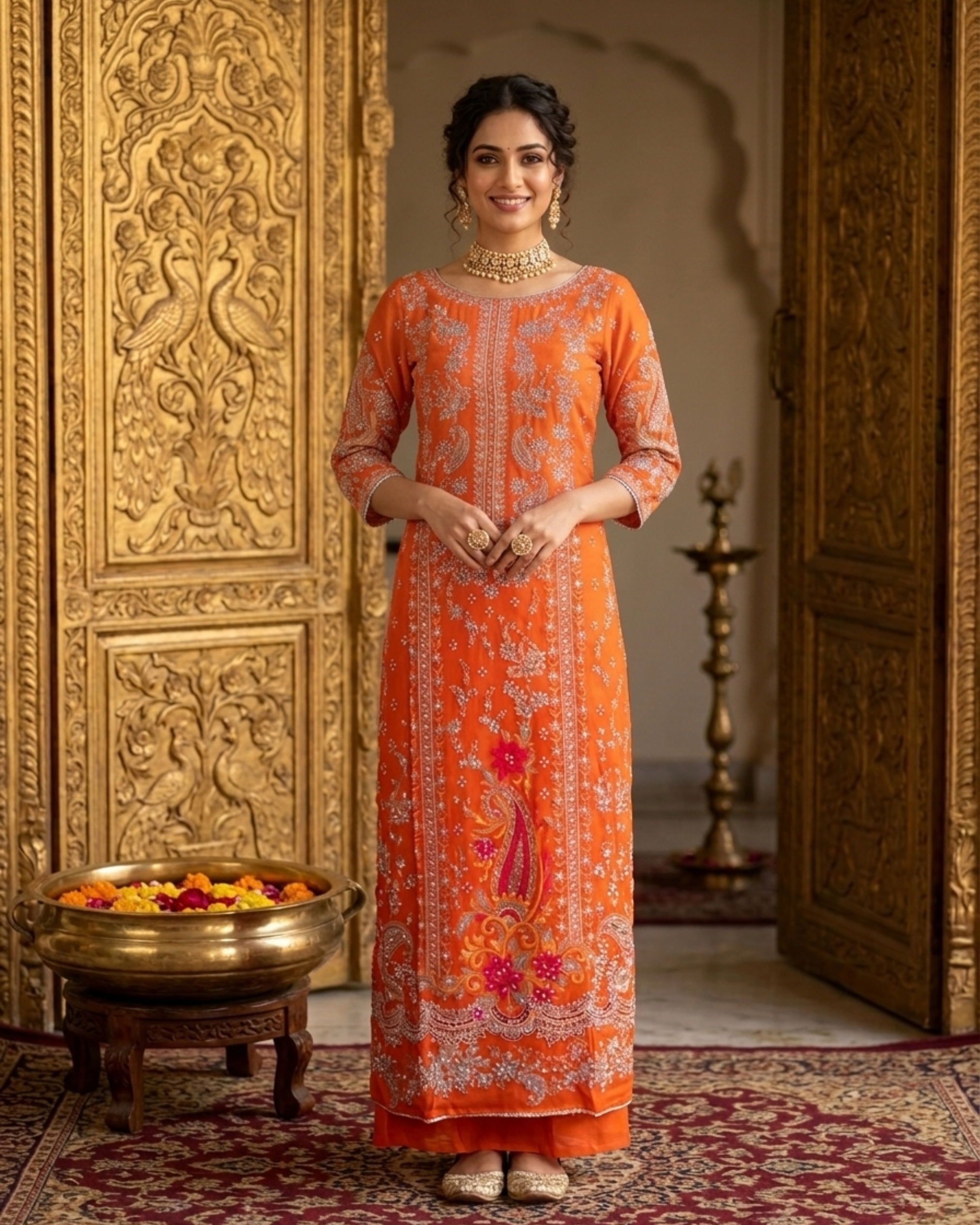 Vibrant Tangerine Embroidered Kurta Set