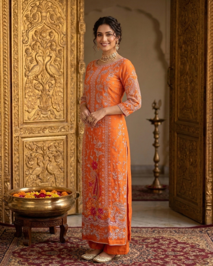 Vibrant Tangerine Embroidered Kurta Set