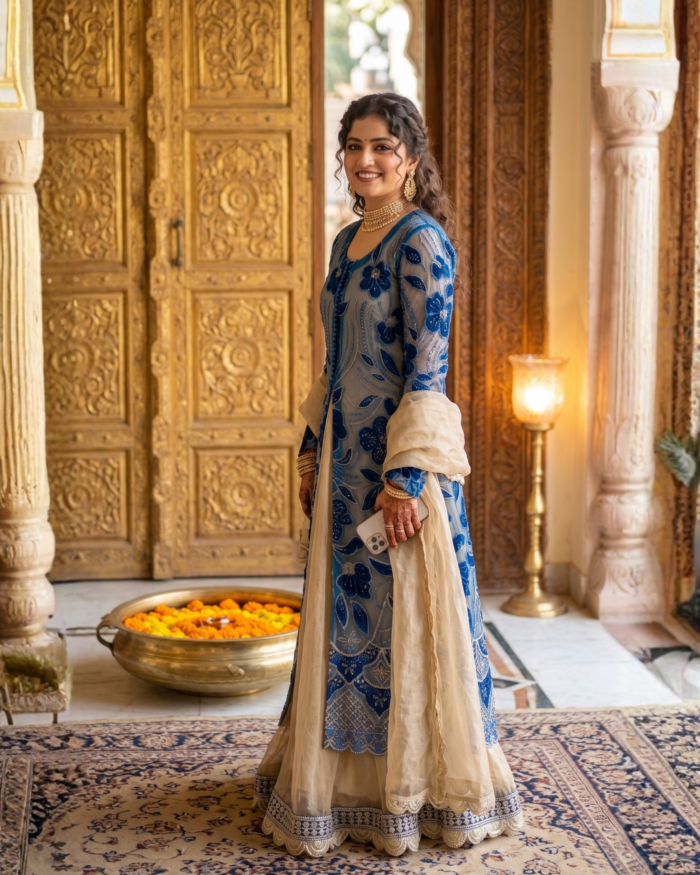 Royal Sapphire Embroidered Anarkali Set
